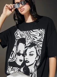 SHEIN EZwear Figure Graphic Drop Shoulder Tee - Black - View 3