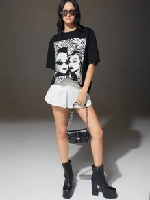 SHEIN EZwear Figure Graphic Drop Shoulder Tee - Black - View 4