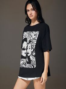 SHEIN EZwear Figure Graphic Drop Shoulder Tee - Black - View 5