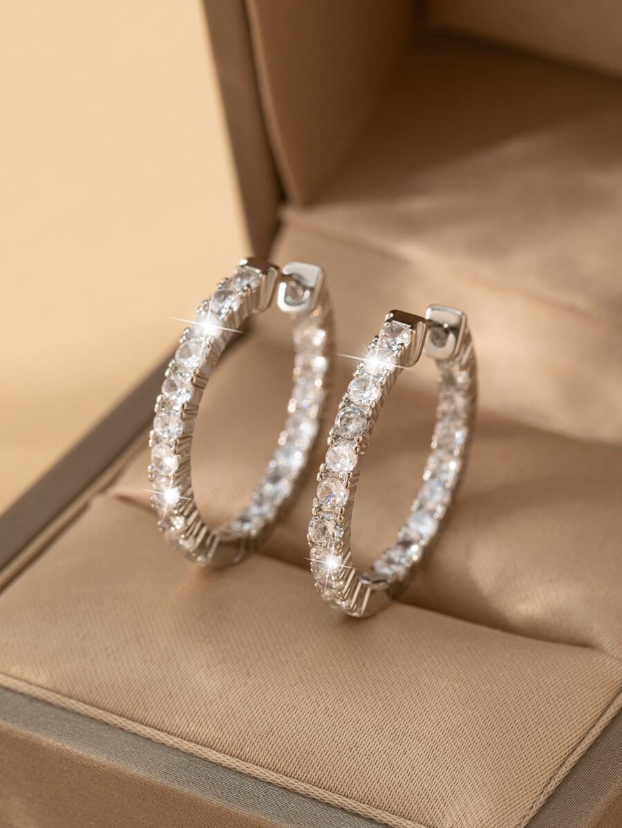 Cubic Zirconia Decor Hoop Earrings - Silver - View 1