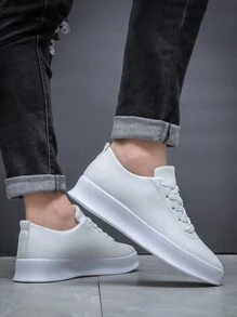 Men Lace-up Front Sneakers, Sport Outdoor Skate Shoes - White - View 3