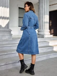 SHEIN Privé Flap Pocket Belted Denim Dress - Medium Wash - View 3