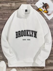 GENTILAND Men Letter Graphic Quarter Zip Sweatshirt - White - View 1