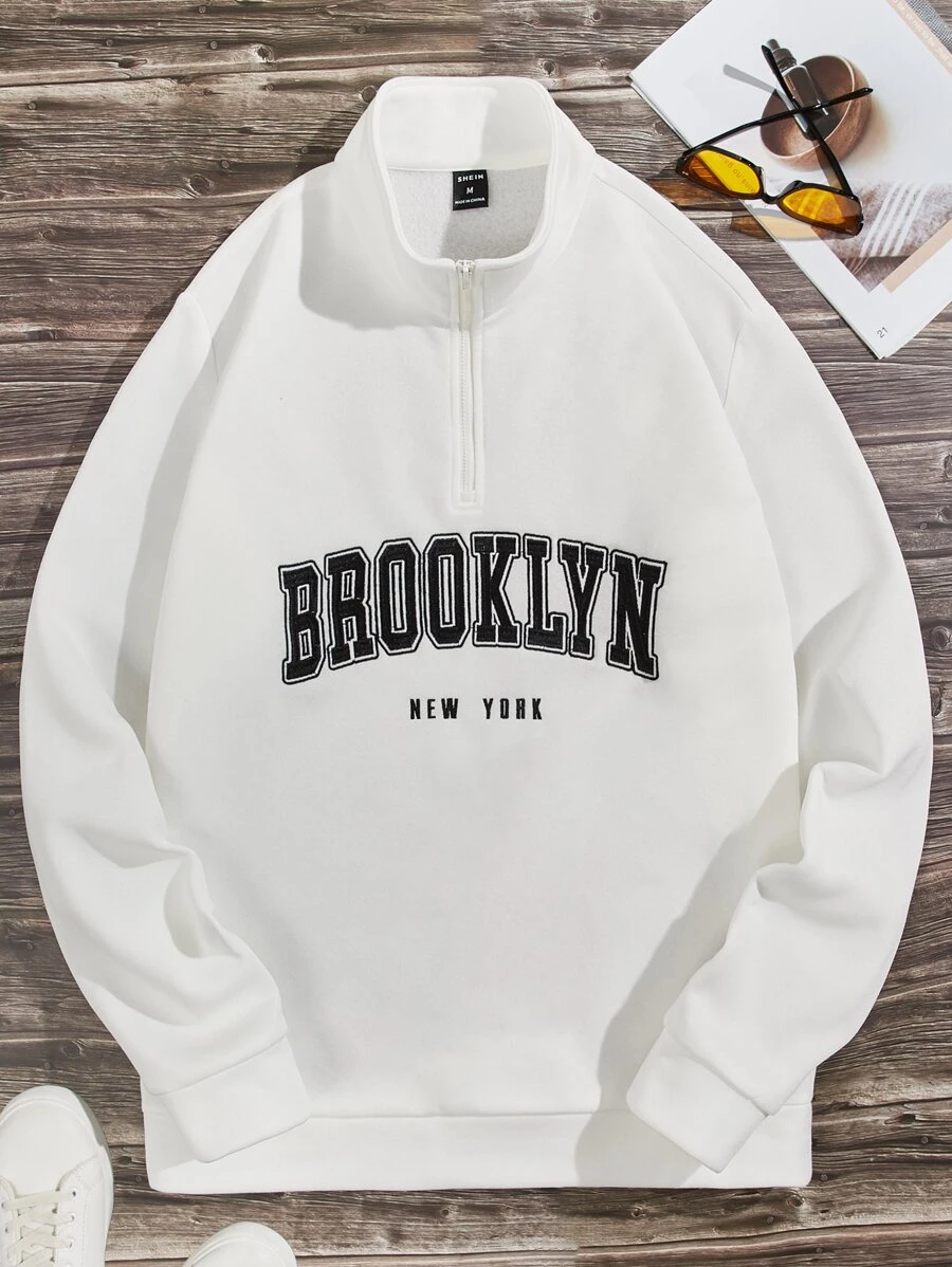 GENTILAND Men Letter Graphic Quarter Zip Sweatshirt - White - View 1