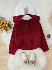 Toddler Girls Cable Knit Raglan Sleeve Hooded Jumper - Burgundy - View 1