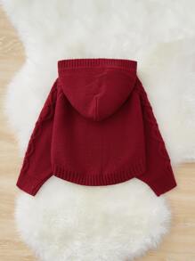 Toddler Girls Cable Knit Raglan Sleeve Hooded Jumper - Burgundy - View 2