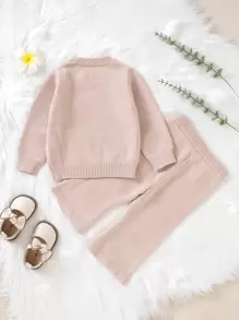 嬰兒女孩花卉刺繡毛衣和針織褲 - 藕粉色 - 查看 2