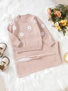 嬰兒女孩花卉刺繡毛衣和針織褲 - 藕粉色 - 查看 3