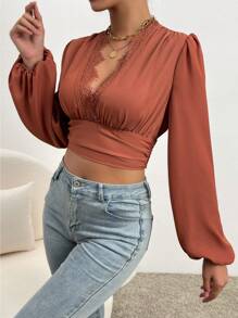 Chiquease Contrast Lace Lantern Sleeve Crop Milkmaid Blouse - Rust Brown - View 6