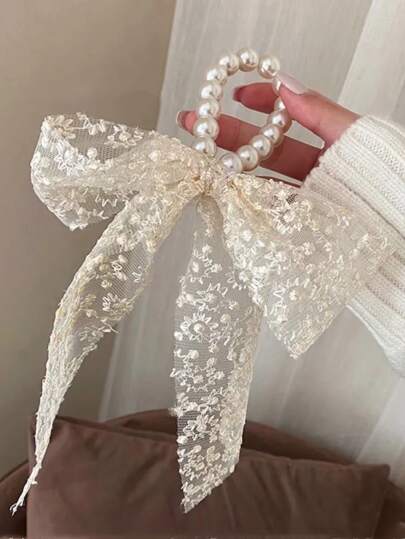 Floral Embroidered Faux Pearl Decor Scarf Hair Tie Elegant Bow Valentine's Day Scrunchies Hair Ties Ponytail Head Accessories Elastic Band Beauty Home Hair Accessories