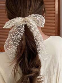 花卉刺绣仿珍珠装饰围巾发带优雅蝴蝶结情人节发圈马尾辫发饰弹力带美妆家居发饰 - 彩色 - 查看 2