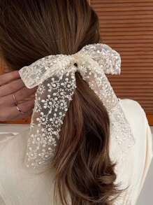 花卉刺绣仿珍珠装饰围巾发带优雅蝴蝶结情人节发圈马尾辫发饰弹力带美妆家居发饰 - 彩色 - 查看 4