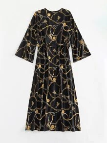 Kimono al azar con estampado de cadena de cintura con cordón - Multicolor - Ver 5