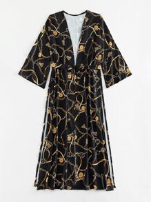 Kimono al azar con estampado de cadena de cintura con cordón - Multicolor - Ver 7