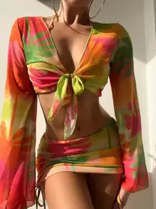 SHEIN Swim 熱帶印花三角形夏季沙灘比基尼套裝，附帶掩蓋物 - 彩色 - 查看 6