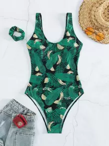 SHEIN Swim Tropical Print One Piece Swimsuit & Scrunchie - Green - View 6