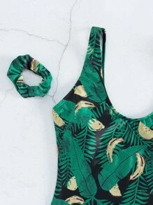 SHEIN Swim Tropical Print One Piece Swimsuit & Scrunchie - Green - View 3