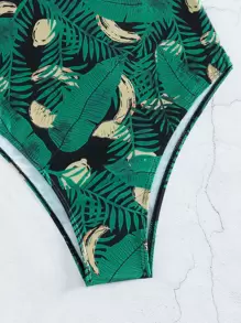 SHEIN Swim Tropical Print One Piece Swimsuit & Scrunchie - Green - View 4