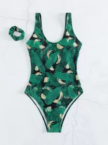 SHEIN Swim Tropical Print One Piece Swimsuit & Scrunchie - Green - View 7