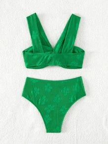 SHEIN Swim 夏季沙灘花織扭結比基尼套裝 - 綠色 - 查看 2