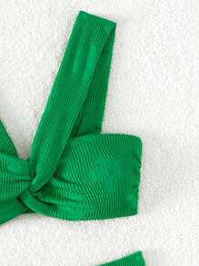 SHEIN Swim 夏季沙灘花織扭結比基尼套裝 - 綠色 - 查看 3