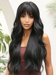 Natural Black Long Wavy Synthetic Wig With Bangs For Women Body Wave Dark Brown Wigs Cosplay Daily Hair Heat Resistant - 黑色 - 查看 2