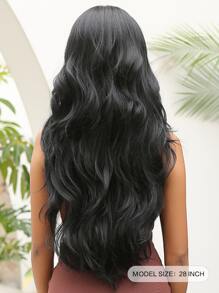 Natural Black Long Wavy Synthetic Wig With Bangs For Women Body Wave Dark Brown Wigs Cosplay Daily Hair Heat Resistant - 黑色 - 查看 6