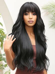 Natural Black Long Wavy Synthetic Wig With Bangs For Women Body Wave Dark Brown Wigs Cosplay Daily Hair Heat Resistant - 黑色 - 查看 7