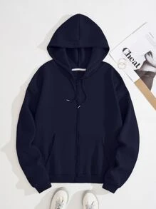 INAWLY 加大码拉链抽绳保暖内衬卫衣，适合冬季毕业季、返校季、毕业典礼、教师节等场合，女士返校套头衫，秋季卫衣 - 藏蓝色 - 查看 1