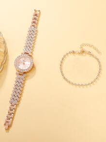 Rhinestone Decor Quartz Watch & 1pc Rhinestone Decor Bracelet - Rose Gold - View 2