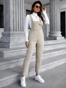 Patched Pocket Denim Dungarees Without Tee - Khaki - View 5