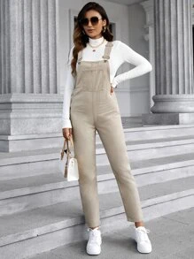 Patched Pocket Denim Dungarees Without Tee - Khaki - View 1