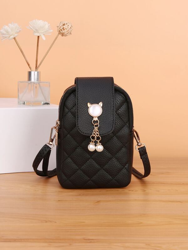 Litchi Embossed Faux Pearl Decor Quilted Phone Wallet Purse Shoulder Bag Phone Case Crossbody Bag Phone Bag Clutch Cellphone Case Pouch Lightweight, Modern, Business Credit Card, ID Card, Money, Cash Business Casual Teachers' Day, Teacher Gifts, Work, Business, Commute, Travel, Holiday, Office, Vacation, For Anniversary, For Couple, For Birthday Gift, On Valentine Day, For Gift For Lady, For Female, White-Collar Workers, For Women