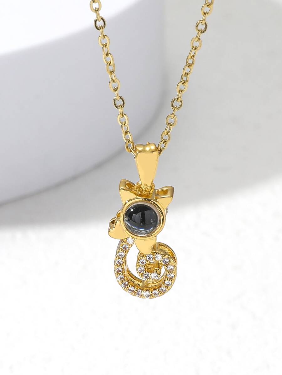 Cubic Zirconia Decor Cat Charm Necklace - Yellow Gold - View 1