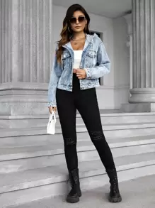 SHEIN Frenchy 翻蓋口袋落肩袖牛仔夾克 - 淺色水洗藍 - 查看 6