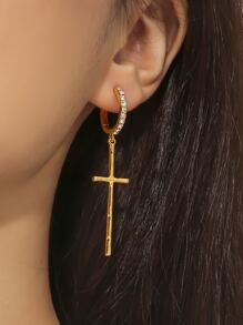 Rhinestone Decor Cross Drop Earrings - Yellow Gold - View 1