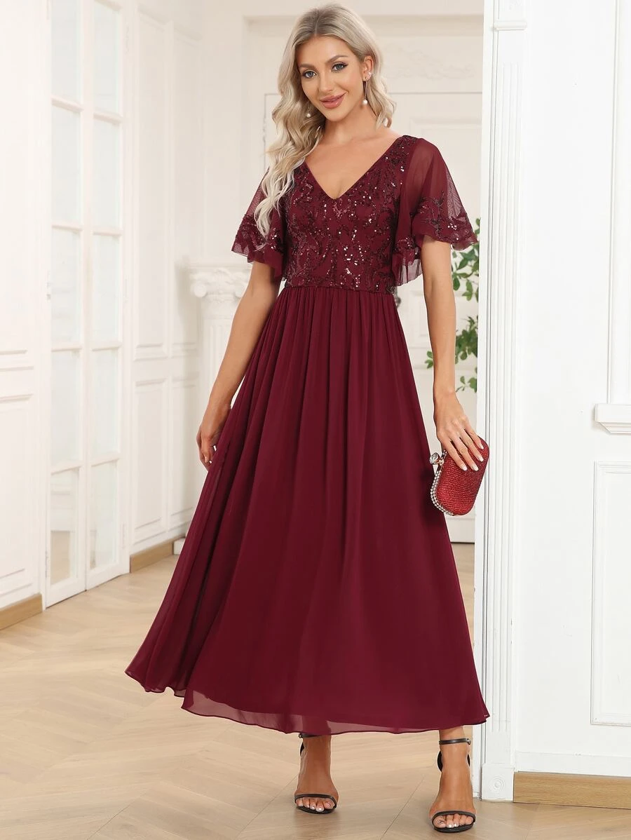 EVERPRETTY Váy midi chữ A tay ngắn cổ chữ V đính sequin cho mẹ cô dâu