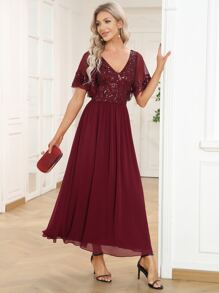 EVERPRETTY Váy midi chữ A tay ngắn cổ chữ V đính sequin cho mẹ cô dâu - Màu Đỏ Sâu - Xem 4