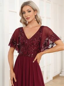 EVERPRETTY Váy midi chữ A tay ngắn cổ chữ V đính sequin cho mẹ cô dâu - Màu Đỏ Sâu - Xem 5