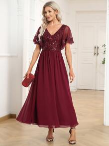 EVERPRETTY Váy midi chữ A tay ngắn cổ chữ V đính sequin cho mẹ cô dâu - Màu Đỏ Sâu - Xem 6