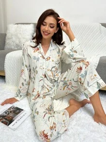 Floral Print Contrast Piping Satin PJ Set - Beige - View 1