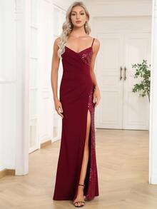 EVERPRETTY Split Thigh Sequins Cami Dress - Burgundy - View 3