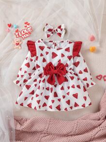 Baby Heart Print Ruffle Trim Flounce Sleeve Bow Front Dress With Headband - Red and White - View 1
