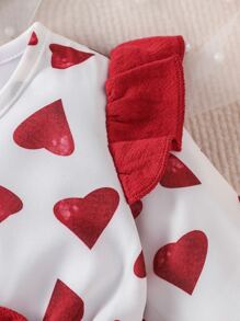Baby Heart Print Ruffle Trim Flounce Sleeve Bow Front Dress With Headband - Red and White - View 3