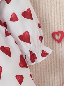 Baby Heart Print Ruffle Trim Flounce Sleeve Bow Front Dress With Headband - Red and White - View 4