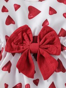 Baby Heart Print Ruffle Trim Flounce Sleeve Bow Front Dress With Headband - Red and White - View 5