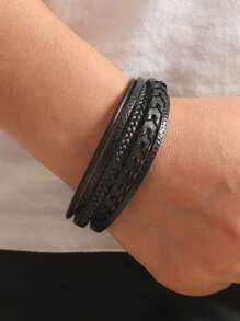 時尚流行男士多層編織手鍊PU適合珠寶禮物和時尚外觀 - 黑色 - 查看 2