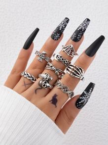 imoli 8pcs Skull & Spiderweb Decor Ring - Silver - View 2