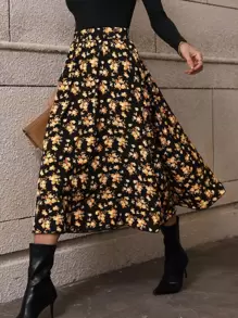 SHEIN Clasi 印花喇叭半身裙 - 黑色 - 查看 1