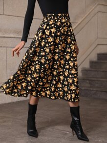 SHEIN Clasi 印花喇叭半身裙 - 黑色 - 查看 3